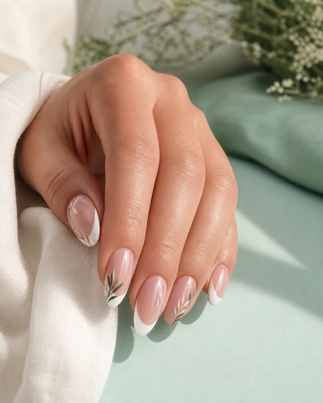 Elegant botanical French nail design