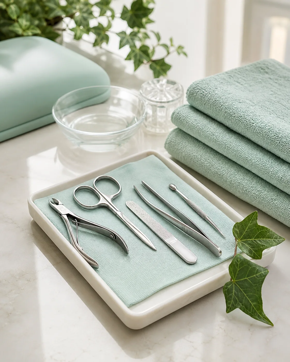 Clean professional manicure tools and towels